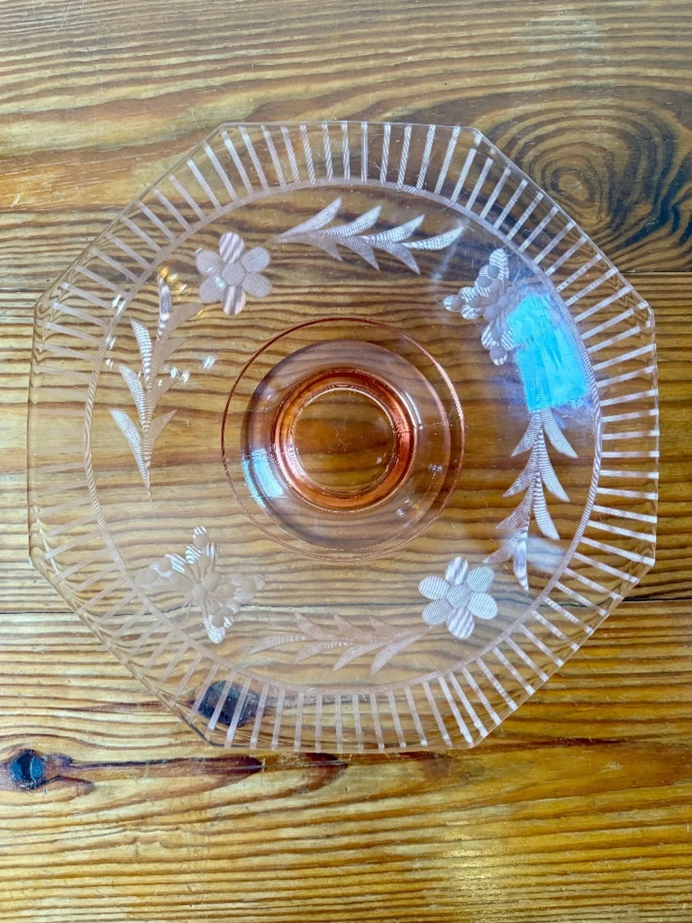 Vintage Depression Glass Pink Etched Glass Pedestal Compote Fruit Bowl